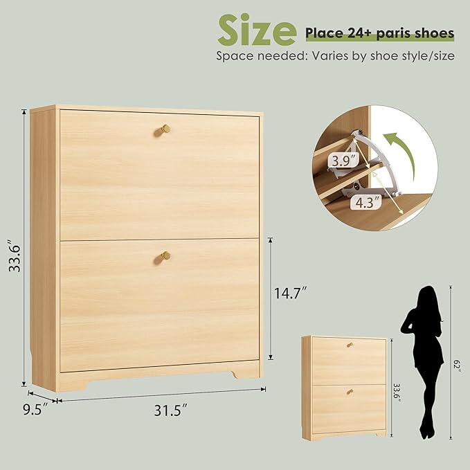 Nicetree Shoe Storage Cabinet with 2 Flip Drawers, Slim Shoe Cabinet, Hidden Shoe Rack Cabinet, Shoe Storage Cabinet for Entryway, Hallway, Foryer, Natural Oak