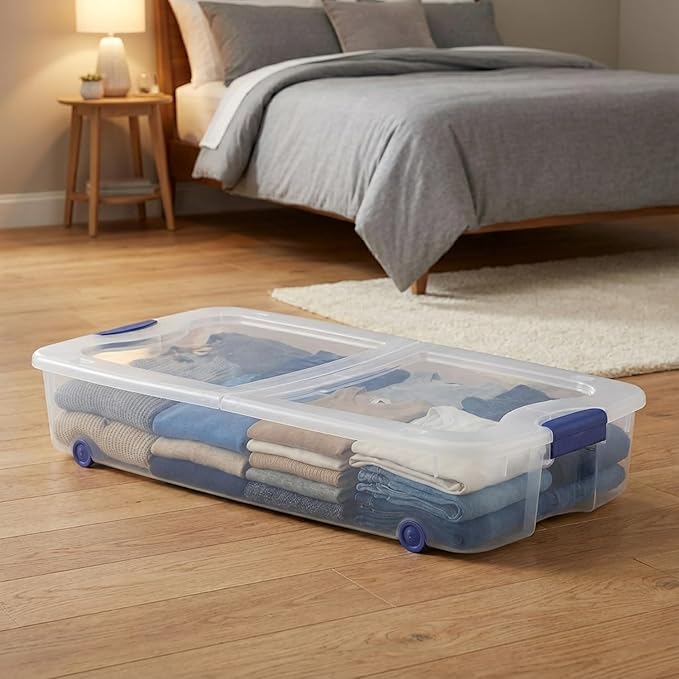 66 Quart Clear Underbed Storage Bin with Wheels & Latching Lid - Low Profile Plastic Storage Container for Clothes, Shoes, Bedding, Wrapping Paper Organizer, Slim Rolling Under Bed Storage Box