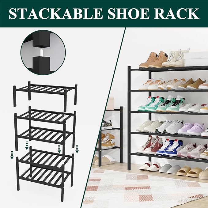 Smiry Long Bamboo Shoe Rack, 5 Tier Free Standing Wooden Shoe Organizer, Stackable Wood Shoe Storage Shelf for Closet, Entryway, 12 Vertical Slats, 2+2+1 Stack Standard Legs, 33.7"x11"x32.5", Black