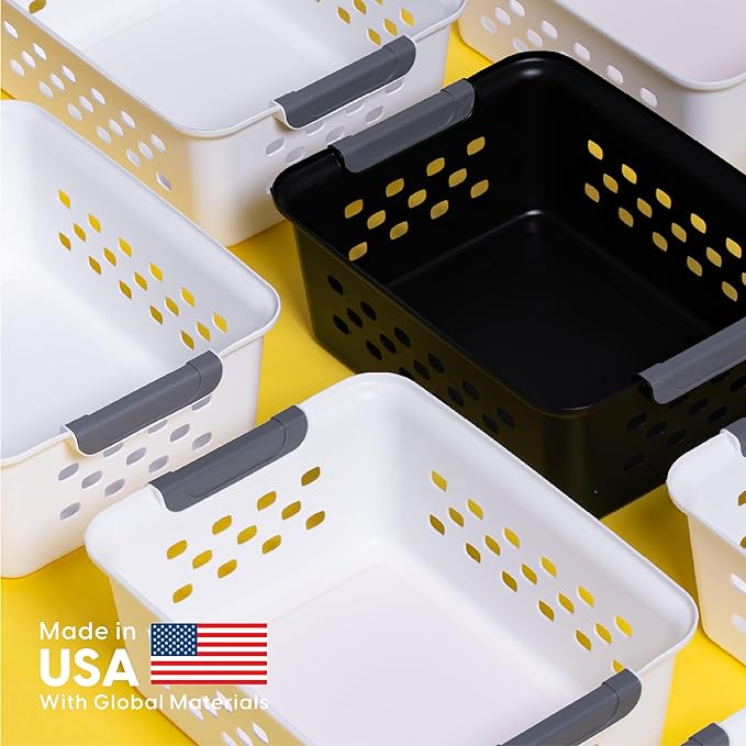IRIS USA Plastic Storage Basket Bundle, Small - 12 Pack + Medium - 6 Pack, Shelf Basket Storage Organizer for Pantry, Cabinet, Bedroom, Closet, Laundry Room, Home Work Office, Craft Supplies, Black