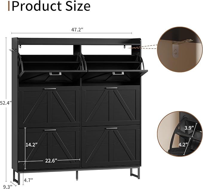 Shoe Cabinet with 6 Flip Drawers, Black