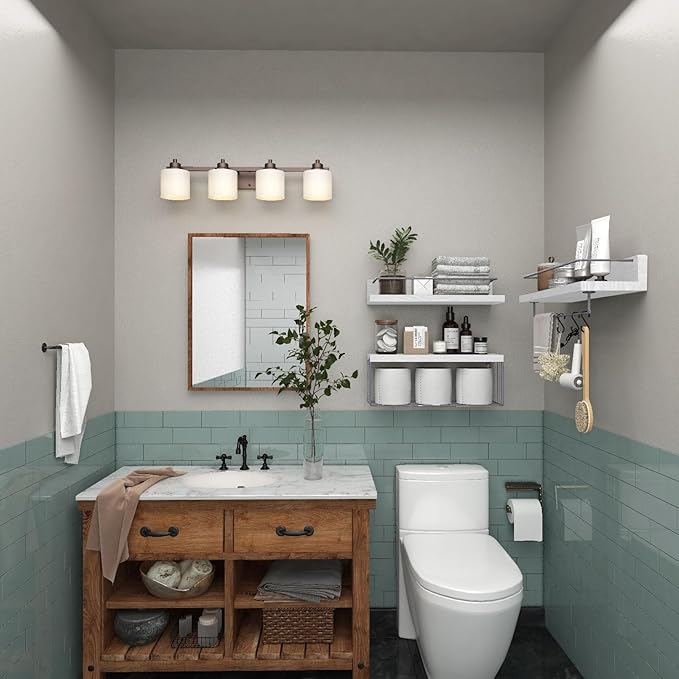 PopiShelves Bathroom Shelves Over Toilet for Wall, Floating Shelves with Storage Basket Paper Holer for Kitchen Living Room, Bedroom & Classroom, Set of 3 (White and Grey)