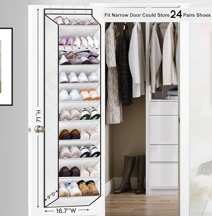 SLEEPING LAMB Over The Door Shoe Organizer for Closet with Large Deep Pockets, Narrow Shoe Rack for Door Hanging Boots Storage, White