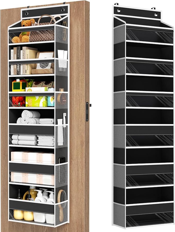 Mefirt 6 Tiers Over The Door Organizer, Heavy Duty Hanging Organizer Storage with Large Capacity Pockets, Behind Door Storage Hanging Shelves for Closet Wall Bathroom Bedroom Nursery Pantry, 1 Black