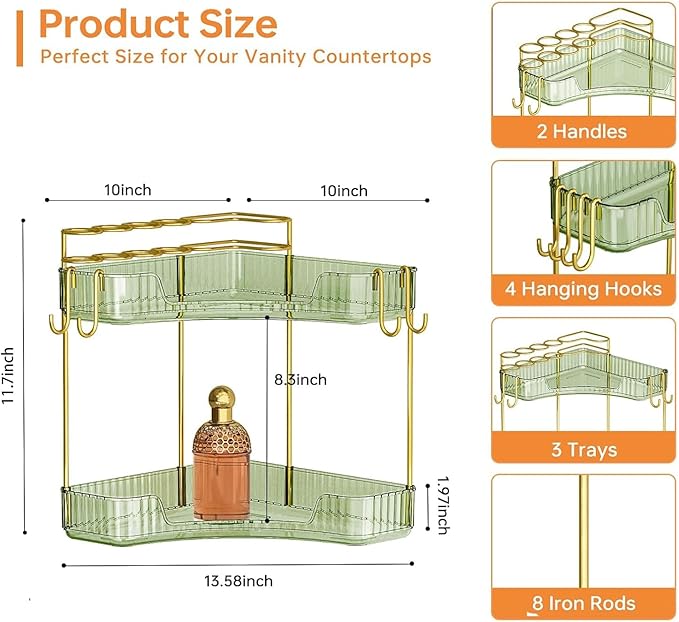 2-Tier Corner Bathroom Counter Organizer，Makeup & Skincare Shelf with Built-in Brush Holder，Space-Saving Bathroom Countertop Organizer for Skincare, Perfume, Cosmetics(Green)
