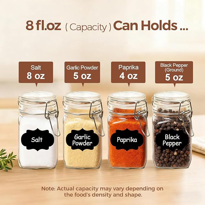 Set of 12 Square Glass Jars with Airtight Lids (8 Oz)