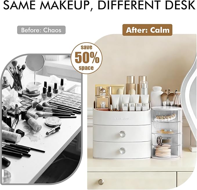 Makeup Organizer Countertop with Drawers, Make up Organizers for Vanity, White