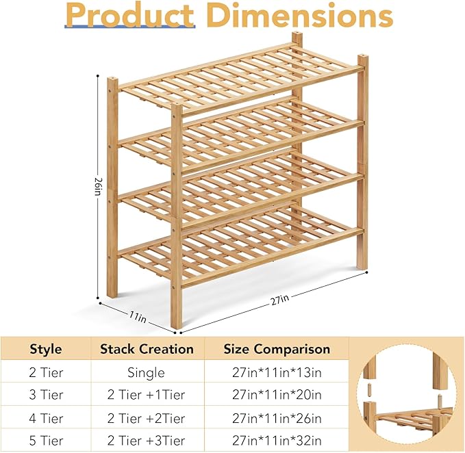 Haddockway 4 Tier Bamboo Shoe Rack Storage Organizer, Multifunctional Free Standing Stackable Shoe Shelf with Grid Panel for Closet,Hallway,Entryway,Small Space 27"x11"x26"