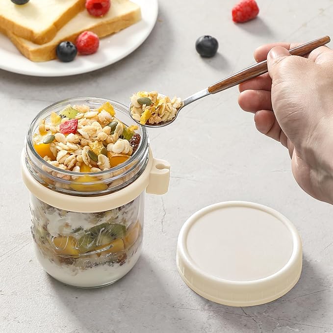 4 Pack Overnight Oats Containers with Lids and Spoons, Fruit-Beige