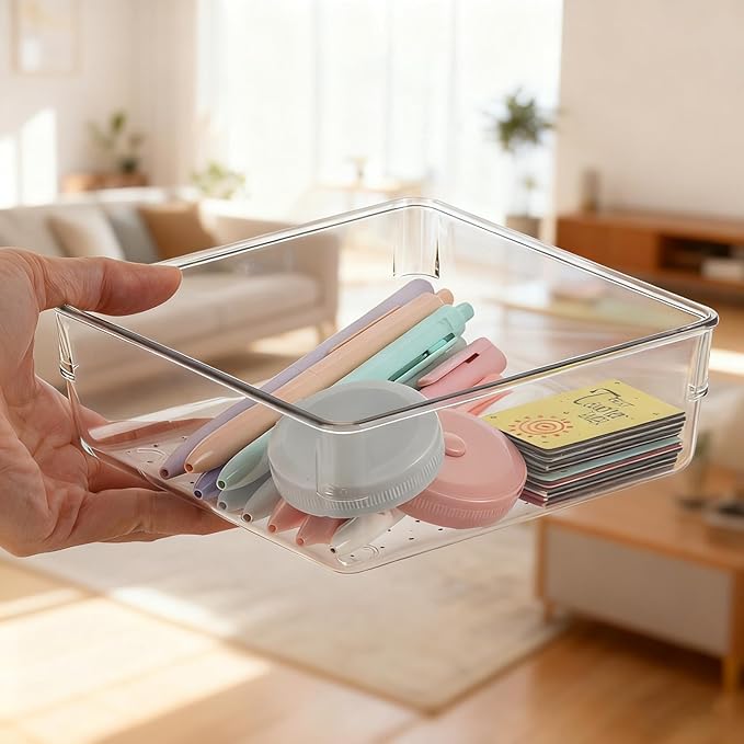 6 Pcs Large Clear Plastic Drawer Organizers Tray 6" x 6" Storage Bins with 25