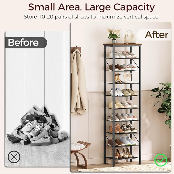 MAHANCRIS 10 Tier Narrow Shoe Rack Organizer, Tall Slim Shoe Storage for Small Space, Holds 10-20 Pairs, Metal Shoe Shelf with Wooden Top for Entryway Closet Bedroom, Rustic Brown and Black SRHR11401