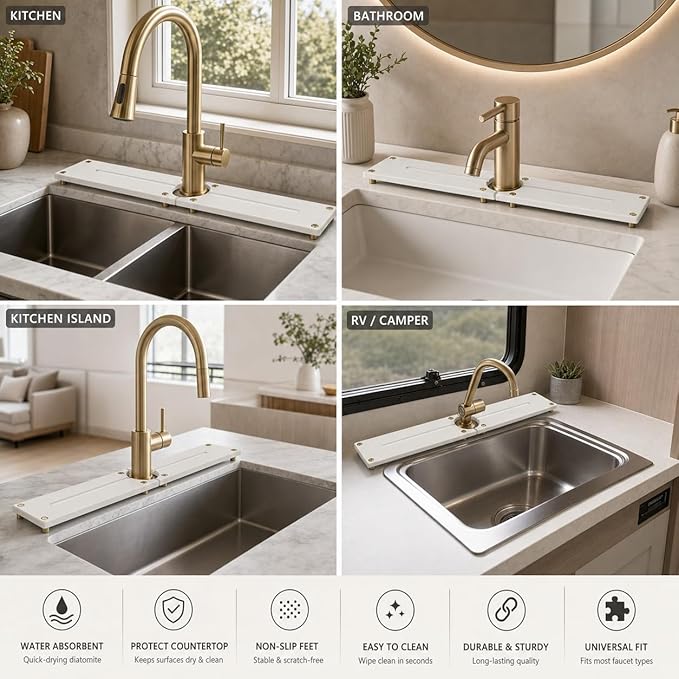Stone Faucet Mat for Kitchen Sink, Gold White 23.6" x 4"