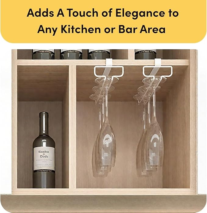 LINFIDITE 2 Pack Wine Glass Holder Stemware Rack Hanger Under Cabinet Wine Glass Rack Kitchen Hanging Storage Rack Organizer,White(For Partition Thickness under 0.98")