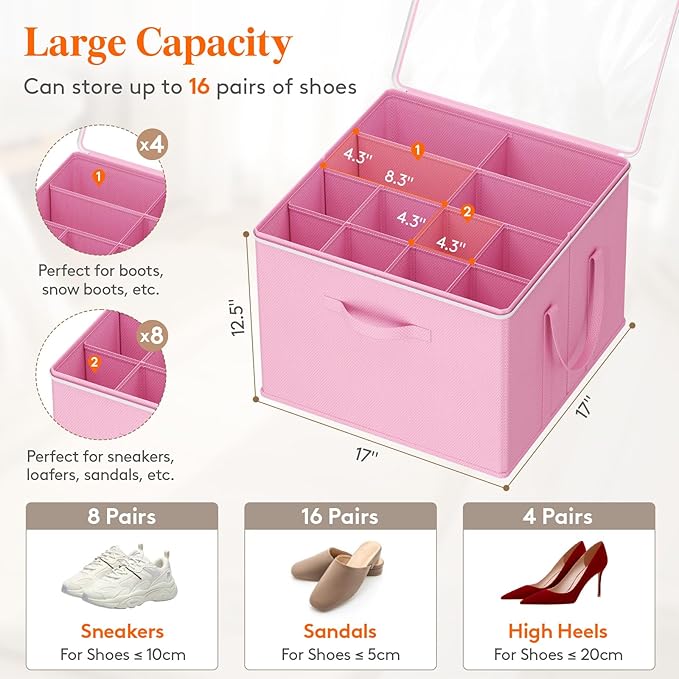 Lifewit Shoe Storage Organizer for Closet, Fabric Large Shoe Box Storage Containers with Clear Cover, Foldable Bins for Boots Heels Sneakers Fits 36-48 Pairs (Each 12-16 Pairs) 3 Pack Pink