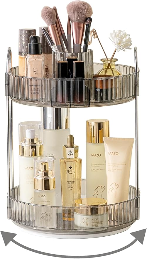 Asayuee 360 Rotating Makeup Organizer,2 Tier Large Capacity Make Up Organizers and Storage,Skincare Perfume Vanity Organizers,Bathroom Cosmetics Storage Organizer Countertop(Grey)