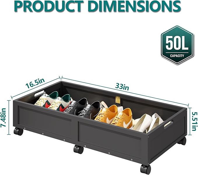 WISUCART Wood Under Bed Storage Containers Underbed Organizer with Wheels Sturdy Wood Rolling Under Bed Shoe Storage Organizer 2 Packs (Black, Large)