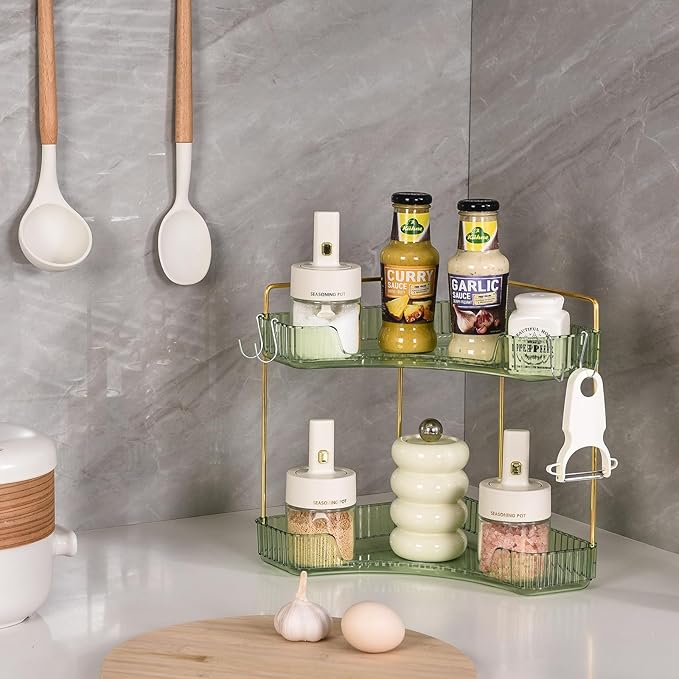 2-Tier Corner Bathroom Organizer Countertop with Hooks, Green Gold