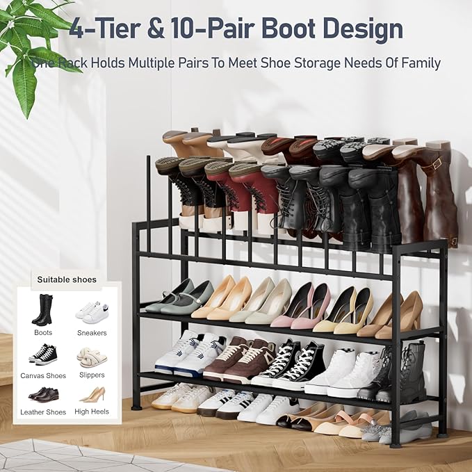 Boot Rack 4-Tier, Black Metal Boot Storage Rack Tall Boots Organizer