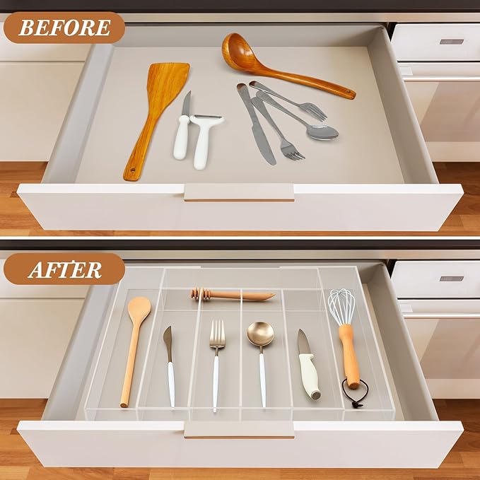 Teenyyou 1 Pack Expandable Kitchen Drawer Organizer Clear Acrylic Utensil Organizer Adjustable Acrylic Silverware Storage for Drawers Silverware Flatware Knives (12 x 16 Inches,5-7 Compartments)