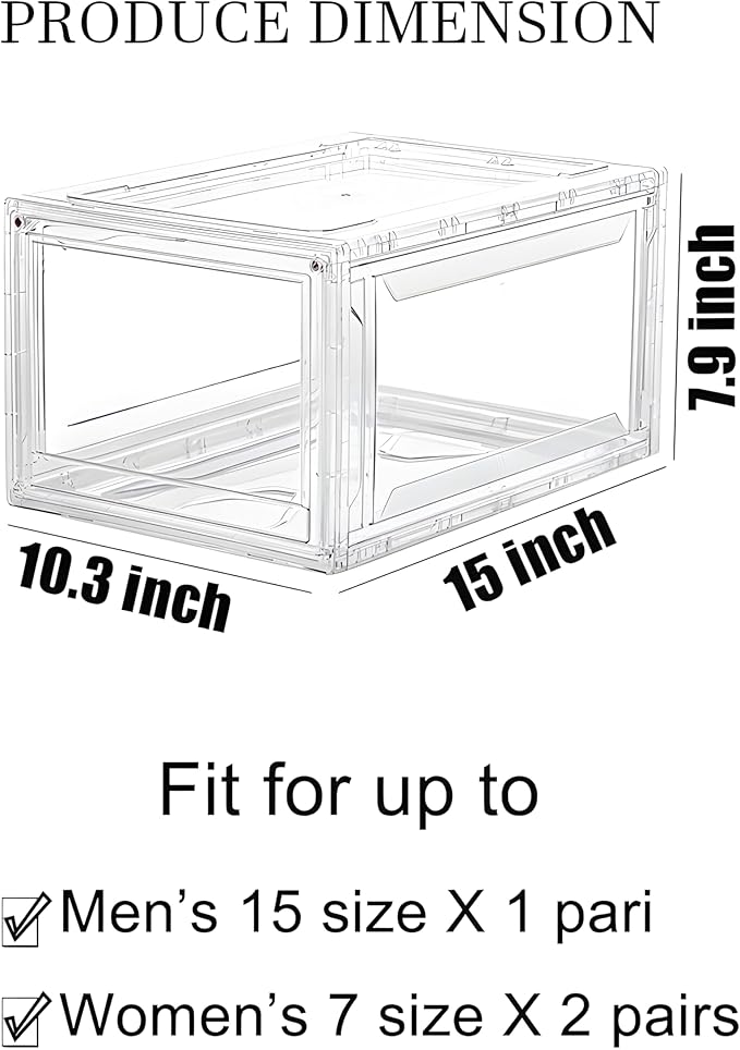 12 Pack Acrylic Clear Shoe Boxes– Ultra Clear Plastic Stackable Sneaker Storage For Sneakerhead. Professional Grade Shoe Display Case with Magnetic Door .Boots and Hat Organizer.Fits US Size 15