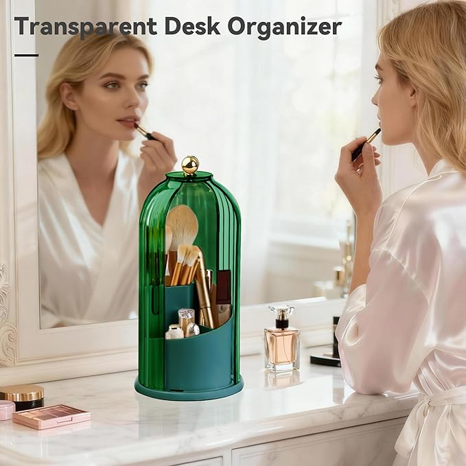360° Rotating Makeup Brush Holder with Lid, Green