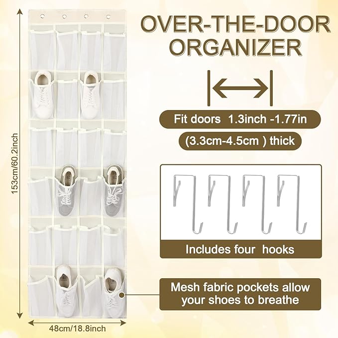 Over the Door Shoe Organizer Cotton Material 24 Large Breathable Mesh Pockets