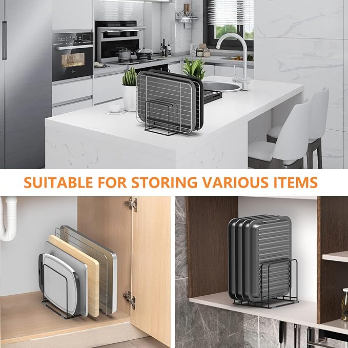KORRTFID Kitchen Cabinet Organizer, Steel Cookware Holder, Divided Holder with 5 Slots for Skillets Baking Tray and Chopping Board Rack - Baking Pan Holder Storage (2 PCS)