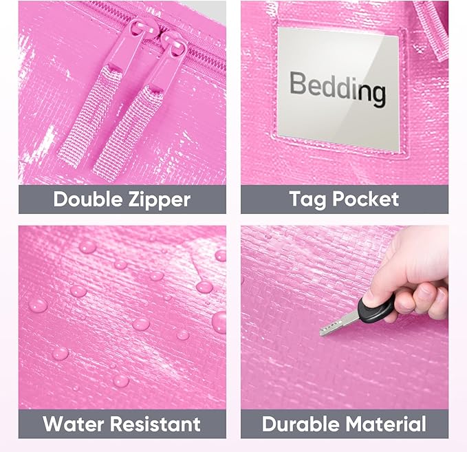 TICONN 2 Pack Extra Large Moving Bags Heavy Duty with Zippers & Carrying Handles, Durable Storage Bags Moving Boxes for Closet Organizers and Storage (2 Pack, Pink)
