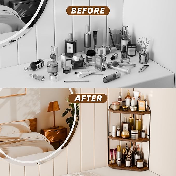 Corner Bathroom Counter Organizer, 3-Tier Wood Countertop Organizer for Perfume, Makeup Storage, Skincare Organizers for Vanity, Counter Corner Shelf for Kitchen, Bathroom, Dresser (Rustic Brown)
