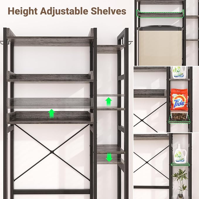 Besiost Over The Toilet Storage with 2 Drawers - 7 Tier Bathroom Organizer with Adjustable Shelf, Freestanding Space Saver Storage Rack Above Toilet Stand with 4 Hooks for Restroom, Laundry, Grey Oak