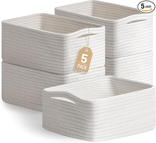 5 Pack White Small Woven Storage Baskets for Shelves