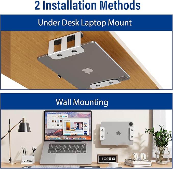 BYMECOST Under Desk Laptop Storage Mount, Metal Under Desk Device Holder, for Devices Up to 2.1" Thick, MacBook, Mini, Keyboard, Router, with Anti-Scratch Silicone (White)