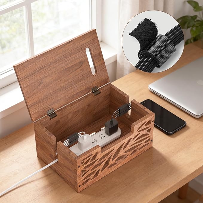 Wooden Cable Management Box, Large Cord Hider Box & Cable Organizer Box for Power Strips, Electrical Cords, Desk & Floor Cables Suitable for Home & Office
