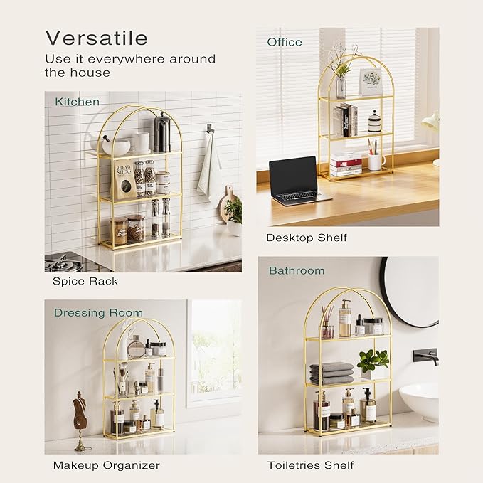 Crofy Gold Arched Frame Wall Shelf, Decorative 3 Tier Bathroom Wall Shelf with Transparent Tempered Glass Shelves and Robust Storage Capacity, 5.1" D x 18.1" W x 28.9" H