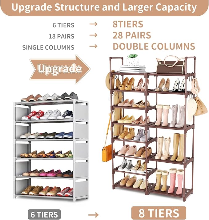 Shoe Rack Organizer, 8-Tier Metal Shoe Rack for Closet Entryway Garage, Brown