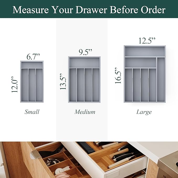 Bamboo Silverware Organizer, Kitchen Drawer Organizer, Utensil Holder, Cutlery Tray & Spoon Flatware Storage with Grooved Drawer Dividers (Grey, 12.5''W x 16.5''D)