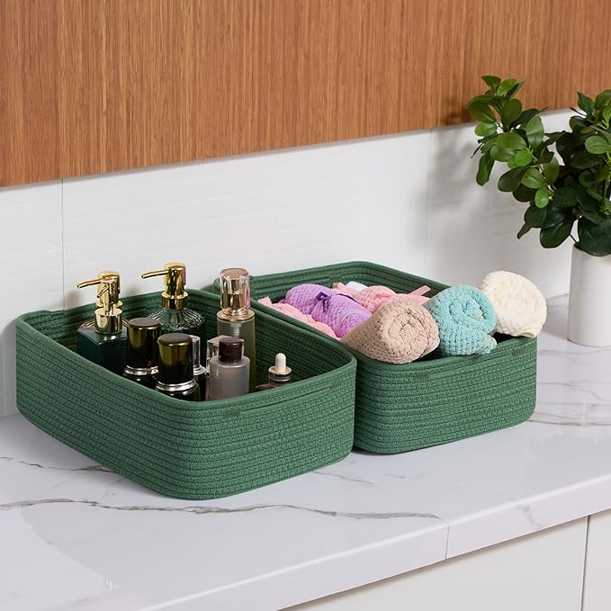 MiniArk Large Shallow Organizing Baskets 15x11x5.1 Inches - Rope Woven Storage Bins for Bathroom, Shelves, Cube Closet, Green 3 Packs