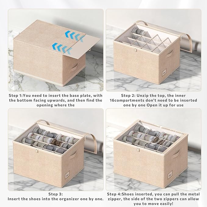 Shoe Organizer for Closet, 2 Pack Foldable Shoe Storage Box with Clear Cover and Adjustable Dividers, Stackable Storage Bins for Boots, Fits up to 32 Pairs (Beige, 19.7 × 15.7 × 12.6 in)