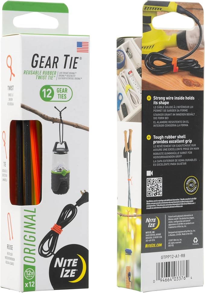 Nite Ize Gear Tie Original ProPacks - Reusable Rubber Twist Ties for Indoor & Outdoor Use - Bendable Wire Interior - Durable Rubber Exterior - Secure Grip - Assorted Colors, 12" (12 Pack)
