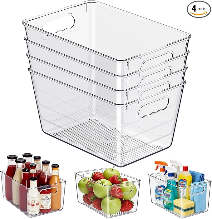 Clear Plastic Storage Bins, 4-Pack Stackable Pantry Organizers and Storage Containers for Kitchen, Fridge, Cabinet and Closet Organization - Home Essentials