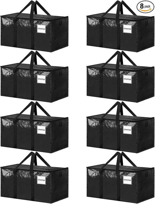 8 Pack Extra Large Heavy Duty Moving Bags, Black Storage Bins with Lids