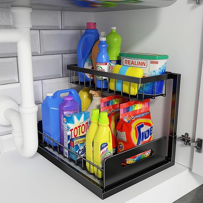 REALINN Under Sink Organizer, Pull Out Cabinet Organizer, 2 Tier Metal Slide Out Shelf with L Shaped Design for Kitchen, Bathroom, Laundry, and Utility Cabinet Storage for Deep Cabinets, Black, 1 Pack