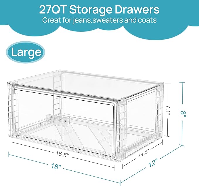 Vtopmart 6 Pack Large Clear Stackable Storage Drawers 27QT, Easily Assemble Plastic Closet Storage Bins, Dust-Proof UnderBed Organizer for Clothing, Sweater Organization