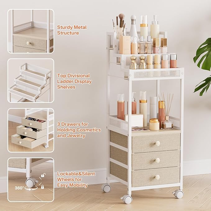 Bathroom Stand, Makeup Organizer Storage with Drawers, 13 Inch Large Floor Rolling Skincare Organizer Cart, 3-Tier Vanity Tray Stand for Cosmetics, Nail Polish, Perfume Display Cases Holder