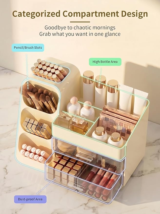 Makeup Organizer for Vanity, Crystal Cream