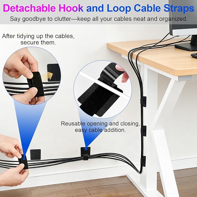 40 Set Cable Management Under Desk, Hook and Loop Cable Ties, Adhesive Strips for Cord Management Hider, Cord Organizer Clips, Computer Accessories for Desk Organization, Home Office Essentials