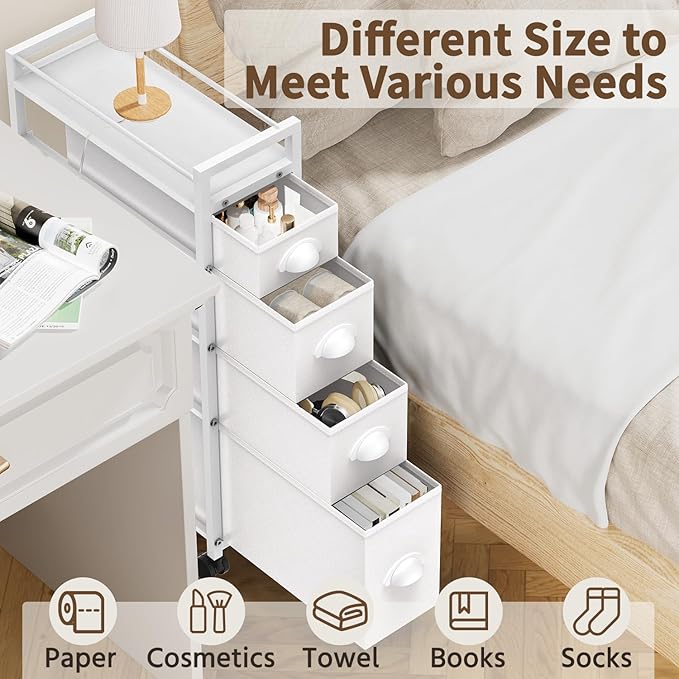 4 Drawer Narrow Slim Cabinet Skinny Storage Tower Chest, White