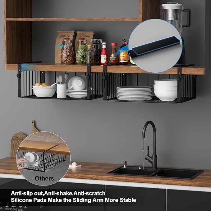 AmonHouseware 2 Pack Hanging Under Shelf Storage Basket,Adjustable Under Cabinet Add-on Storage Racks Slide-in Baskets Organizer for Laundry Room Kitchen Pantry Desk Bookshelf, Black