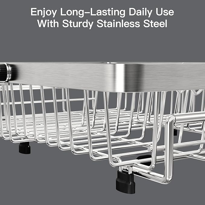 MAJALiS Dish Drying Rack Over The Sink, Expandable Stainless Steel Dish Drainer for Small Kitchen Counter Space Saving, RV Compact Plate Strainer In Silver Metal with Hanging Adjustable Utensil Holder