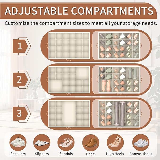 Foyego Shoe Organizer for Closet, Shoe Storage Organizer with Wheels and Adjustable Dividers, Stackable Shoe Storage Box with Clear Cover, Foldable Closet Shoe Organizer Fits up to 24-48 Pairs, Beige